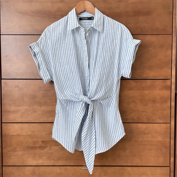 Ralph Lauren Black Label Linen Striped Tie-Front Button Down Collar Shirt Medium - Picture 3 of 15